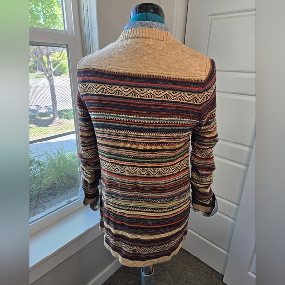 EDDIE BAUER LONG LINE BUTTON FRONT CARDIGAN COTTON SWEATER TAN STRIPE WOMEN S - Picture 3 of 15